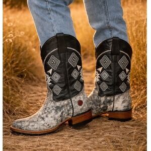 Red Horns Cow Hair Mid Calf Western Rodeo Festival Boots W6.5 / M5.5 Embroider